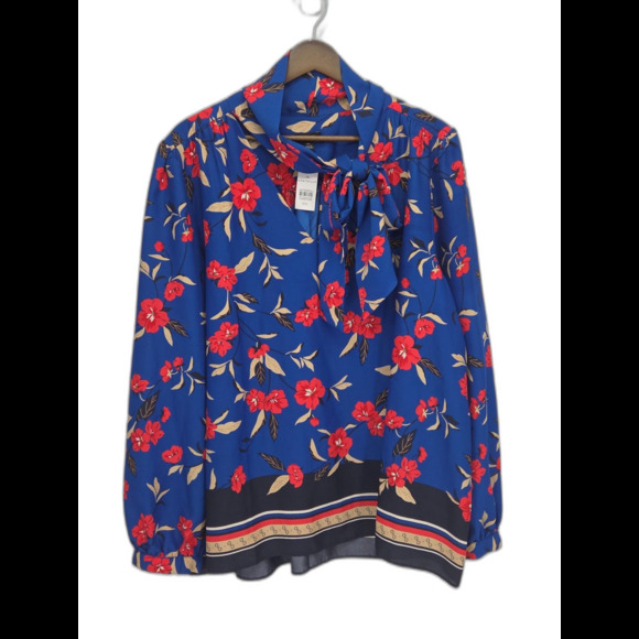 Ann Taylor Tops - New Ann Taylor Floral V and Tie Neck Blouse Blue Red Long Sleeve Size XXL